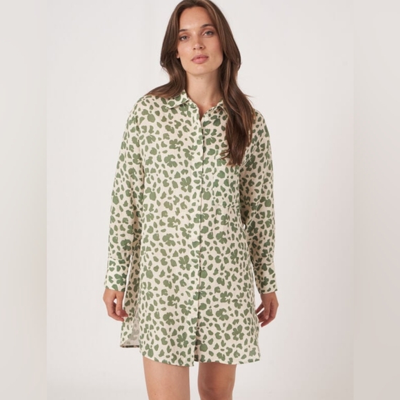 Repeat Dresses & Skirts - Repeat Cashmere XXL Green Patterned Button-Up Shirtdress